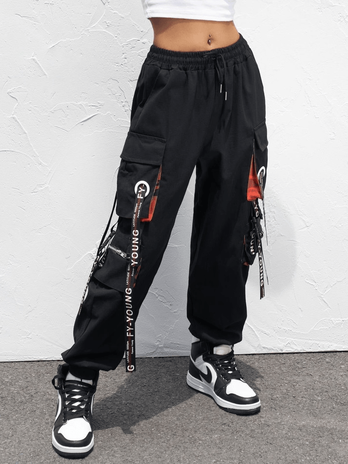 Letter Strap Detail Cargo Pants