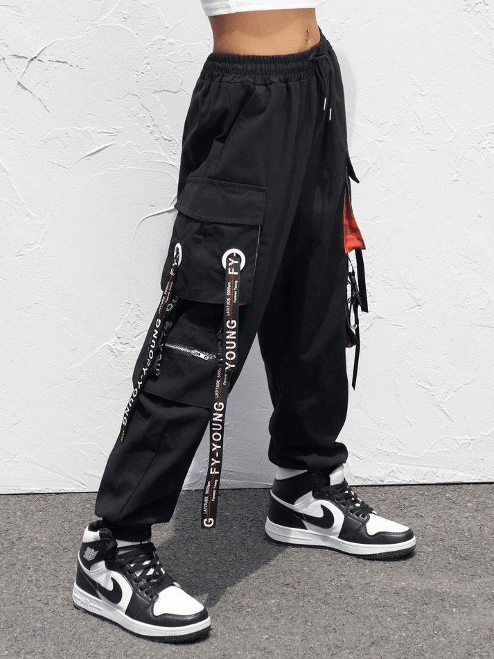 Letter Strap Detail Cargo Pants