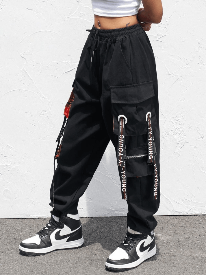 Letter Strap Detail Cargo Pants