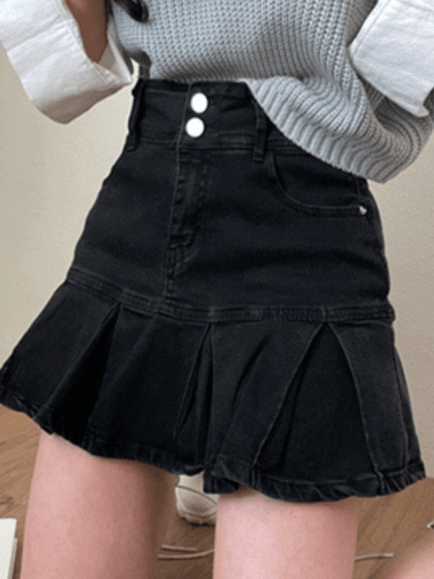 Lined Detail Denim Pleated Mini Skirt