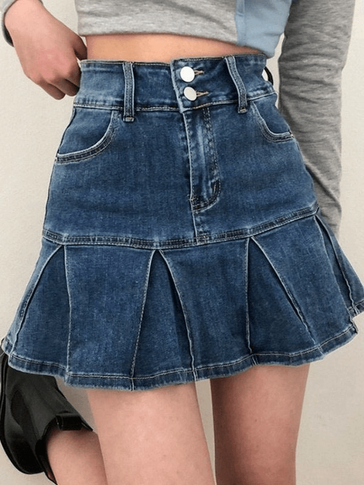 Lined Detail Denim Pleated Mini Skirt