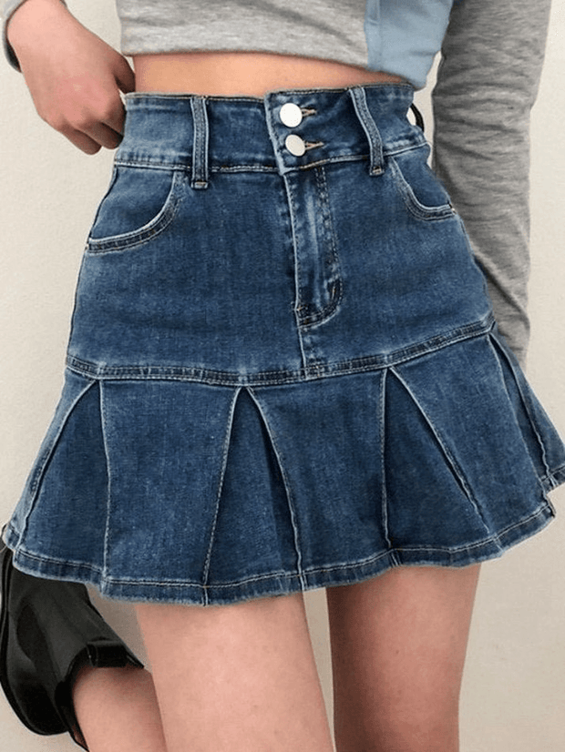 Lined Detail Denim Pleated Mini Skirt