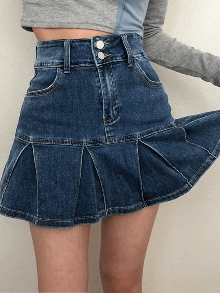 Lined Detail Denim Pleated Mini Skirt