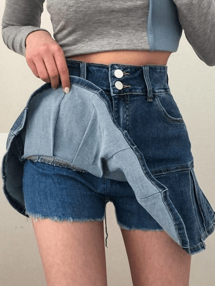 Lined Detail Denim Pleated Mini Skirt