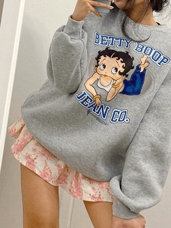 Long Sleeve Cartoon Graphic Sweatshirt - MomyMall Gray / S