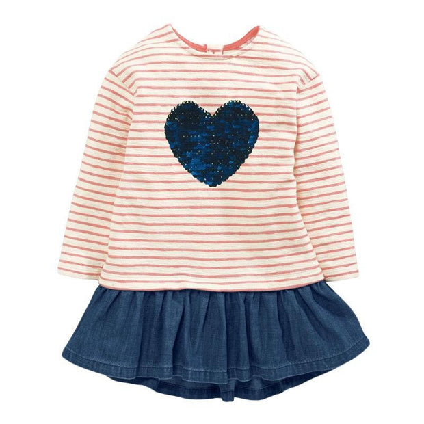 Sequined Heart Striped Denim Dress