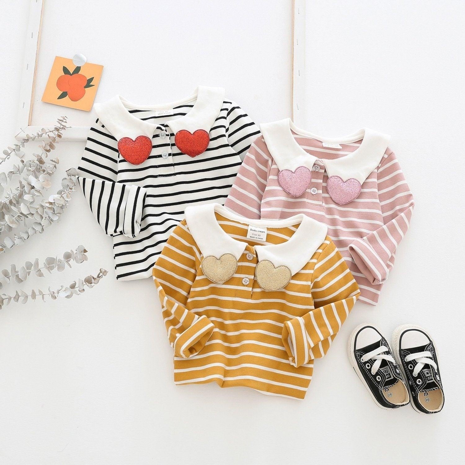 Lovely Heart Collar Stripes Top