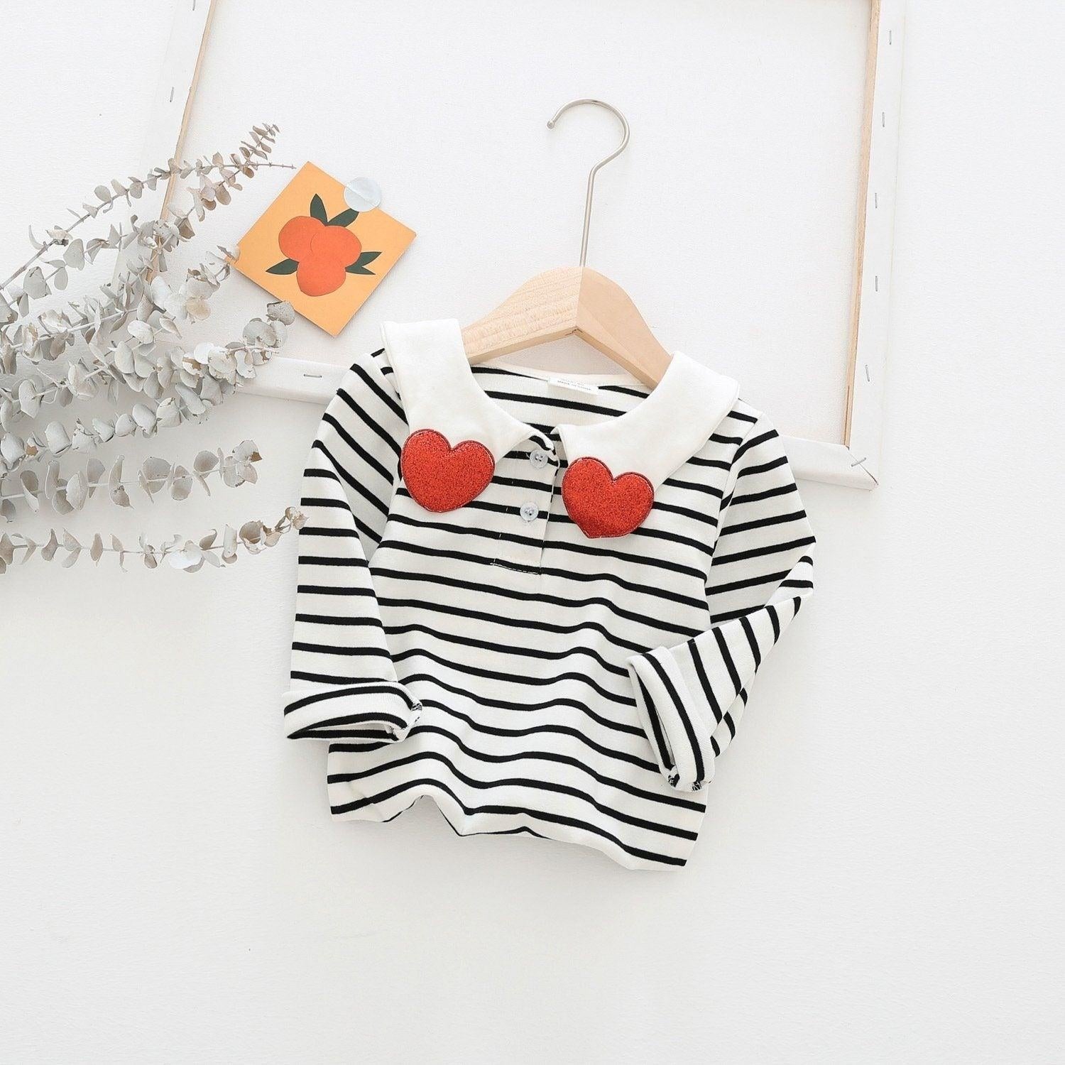 Lovely Heart Collar Stripes Top