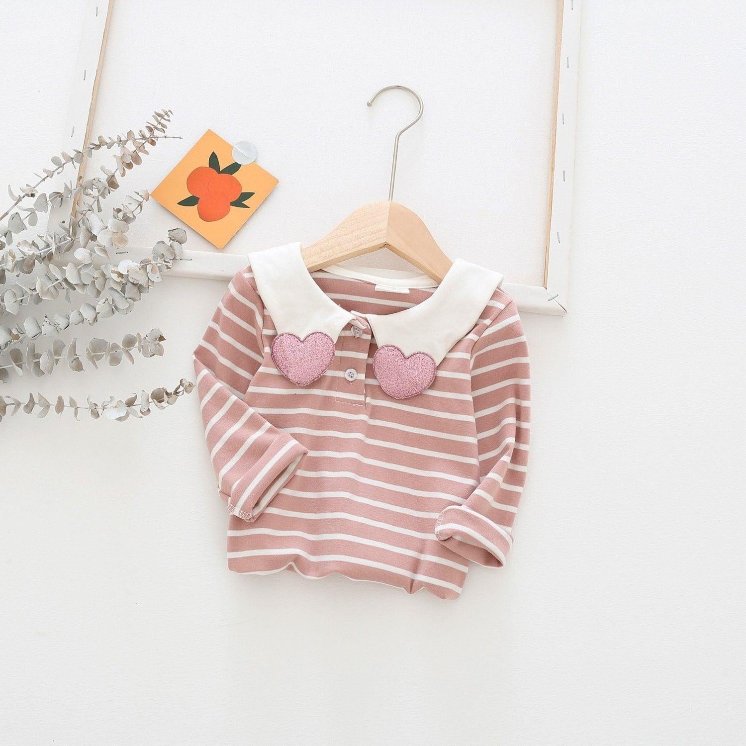 Lovely Heart Collar Stripes Top