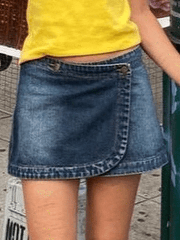 Low Waist Wrap Denim Mini Skirt - MomyMall