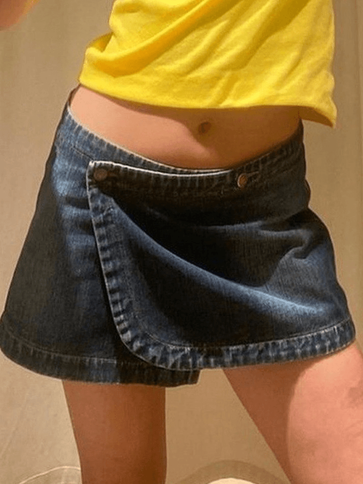 Low Waist Wrap Denim Mini Skirt - MomyMall