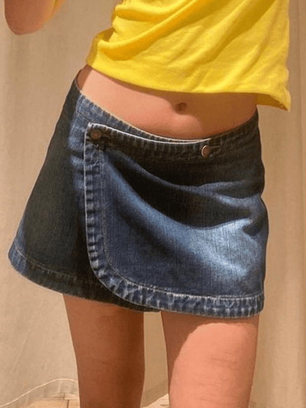 Low Waist Wrap Denim Mini Skirt - MomyMall