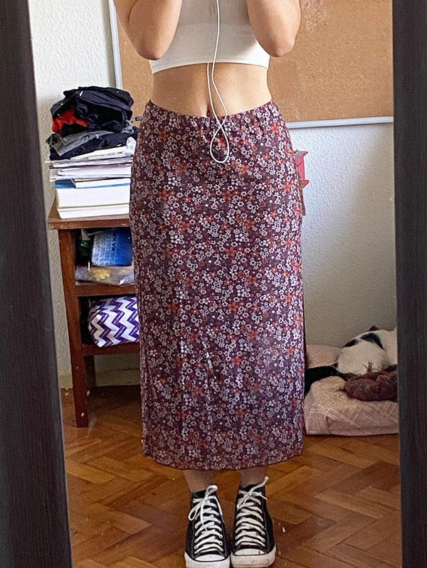 Mesh Ditsy Floral Midi Skirt - MomyMall Brown / S