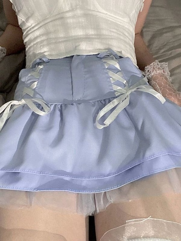 Mesh Hem Lace Up Mini Skirt