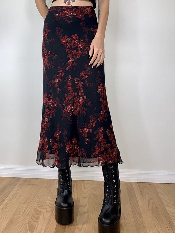 Mesh Paneled Floral Midi Skirt - MomyMall Black / S