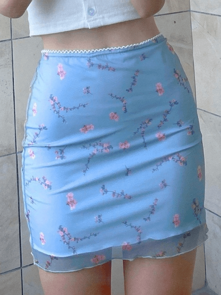 Mesh Paneled Floral Print Mini Skirt