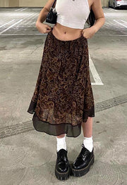 Mesh Printed Midi Skirt - MomyMall Brown / S