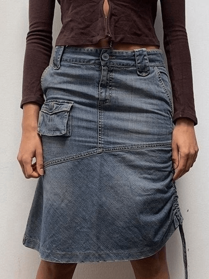 Mid Calf Denim Cargo Skirt