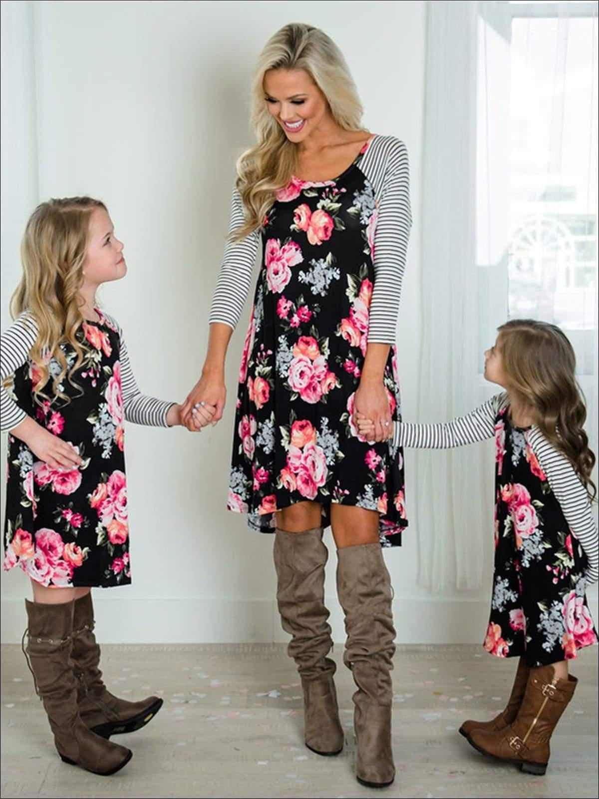 Family Mommy And Me Floral & Striped Print Raglan Dress - MomyMall