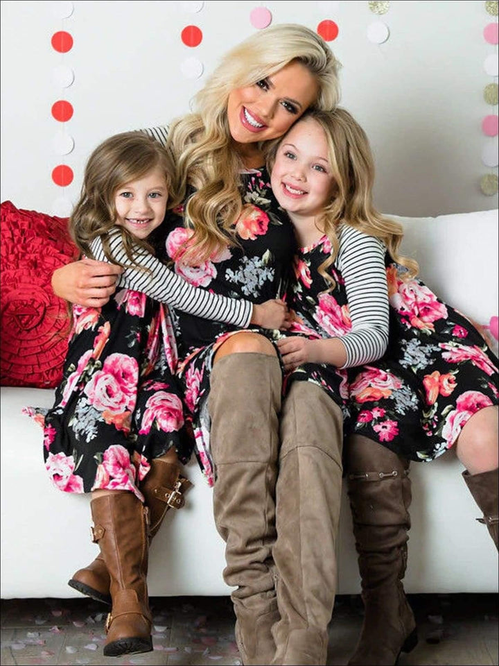 Family Mommy And Me Floral & Striped Print Raglan Dress - MomyMall Black / Mom S