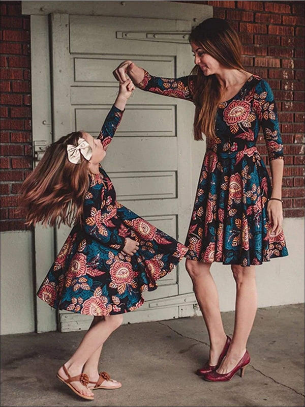 Family Mommy & Me Fall Casual Floral Print Dress - MomyMall