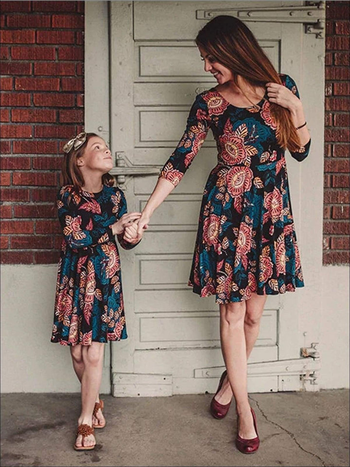 Family Mommy & Me Fall Casual Floral Print Dress - MomyMall Multicolor / Daughter 12M