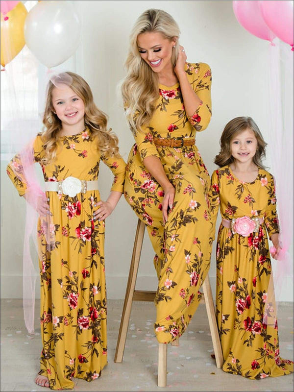 Family Mommy & Me Fall Floral Long Sleeve Maxi Dress - MomyMall Yellow / Daughter 3T-4T