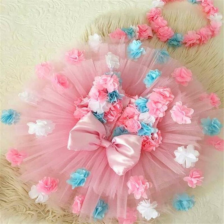 Girls 3D Flowers Princess Bow Ball Gown Summer Dresses - MomyMall Pink / 6-12M