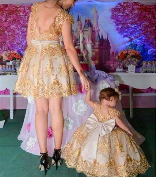 Girl Princess Flower Embroidered Bowknot Party Dresses 6M-4T - MomyMall Champagne / 6M