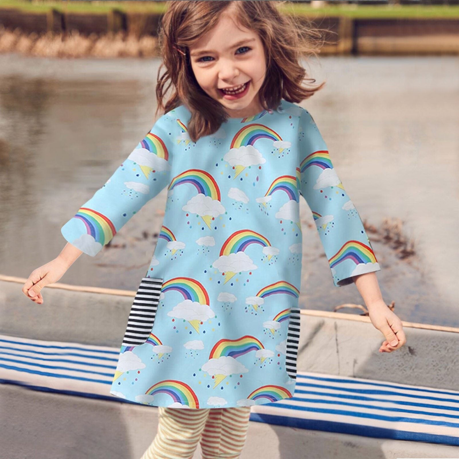 Mädchen-Winter-Regenbogen-Druck, süßes Cartoon-Freizeitkleid, 1–6 Jahre