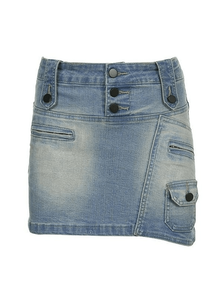 Patchwork Button Denim Cargo Mini Skirt