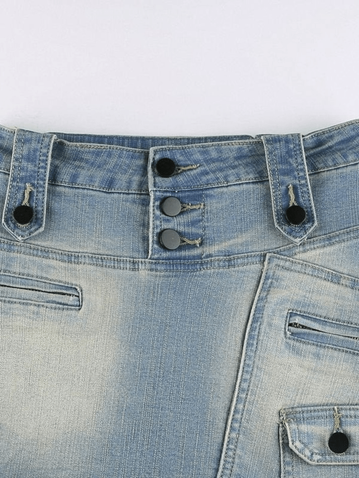 Patchwork Button Denim Cargo Mini Skirt