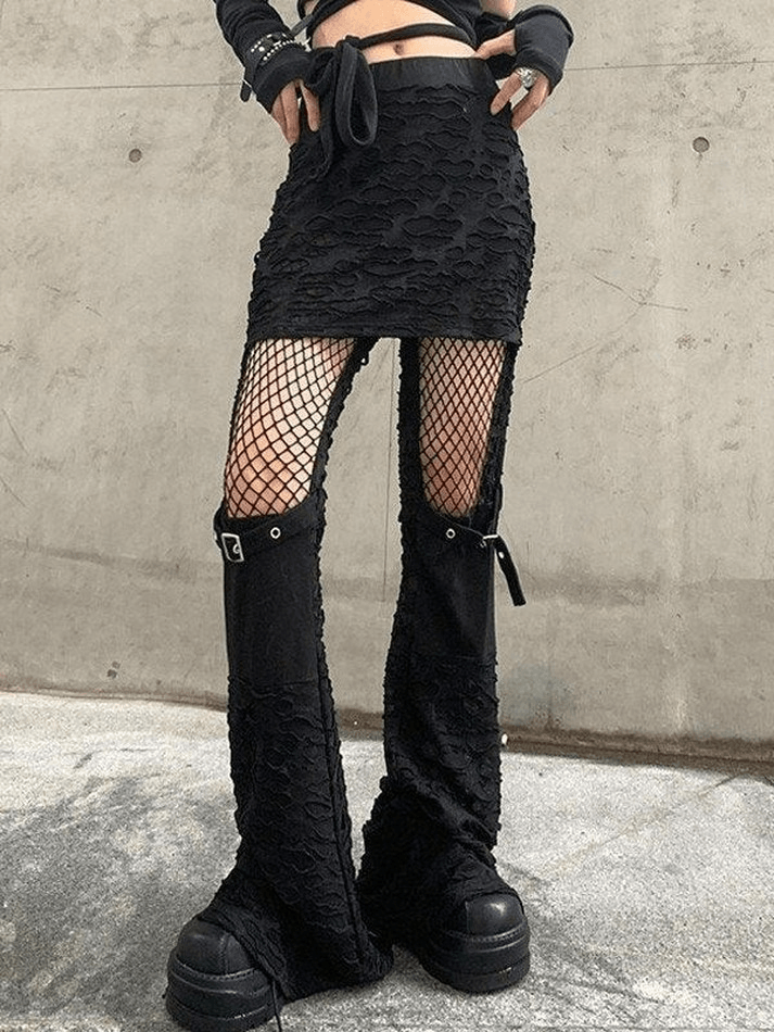 Patchwork Cutout Fishnet Flare Leg Pants - MomyMall Black / S