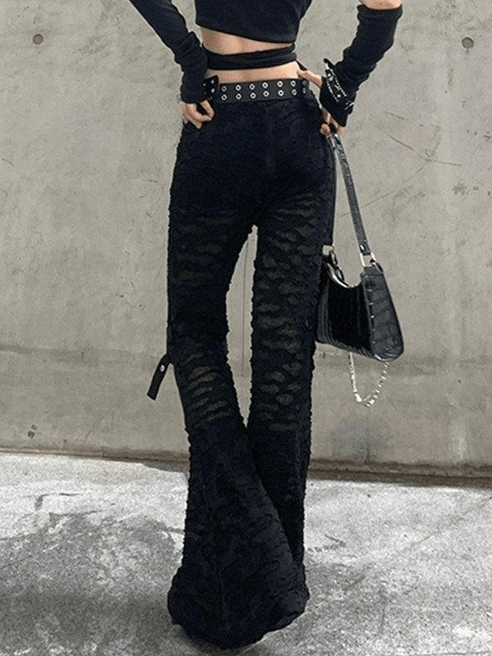 Patchwork Cutout Fishnet Flare Leg Pants - MomyMall