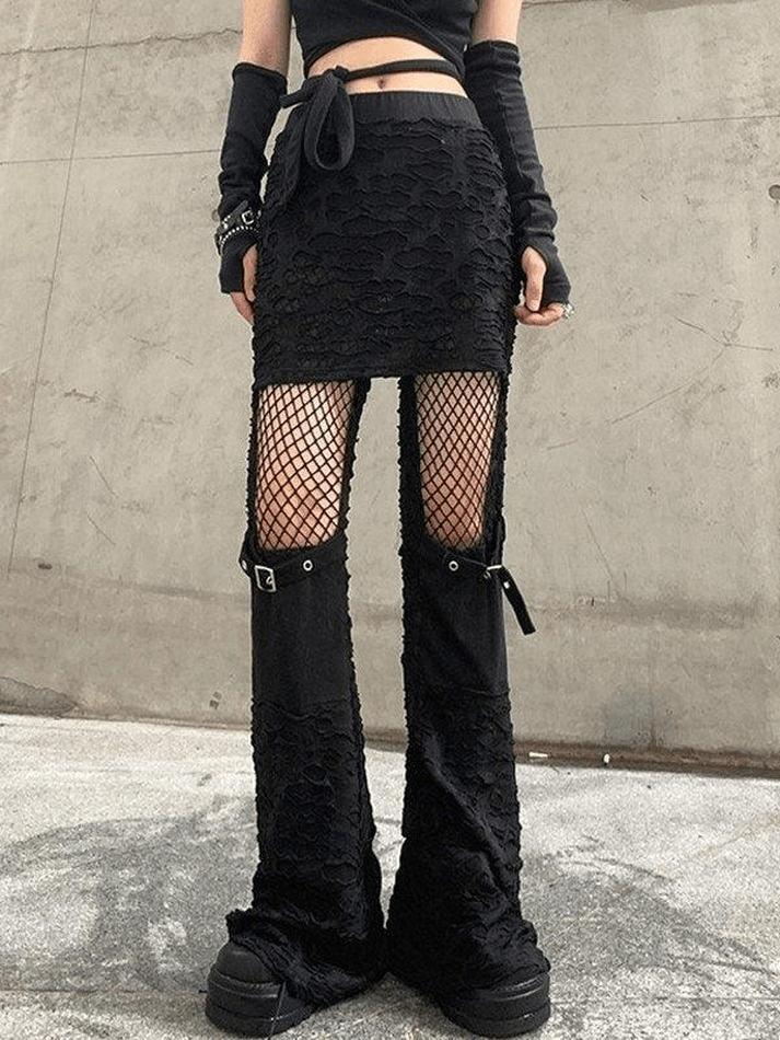 Patchwork Cutout Fishnet Flare Leg Pants - MomyMall