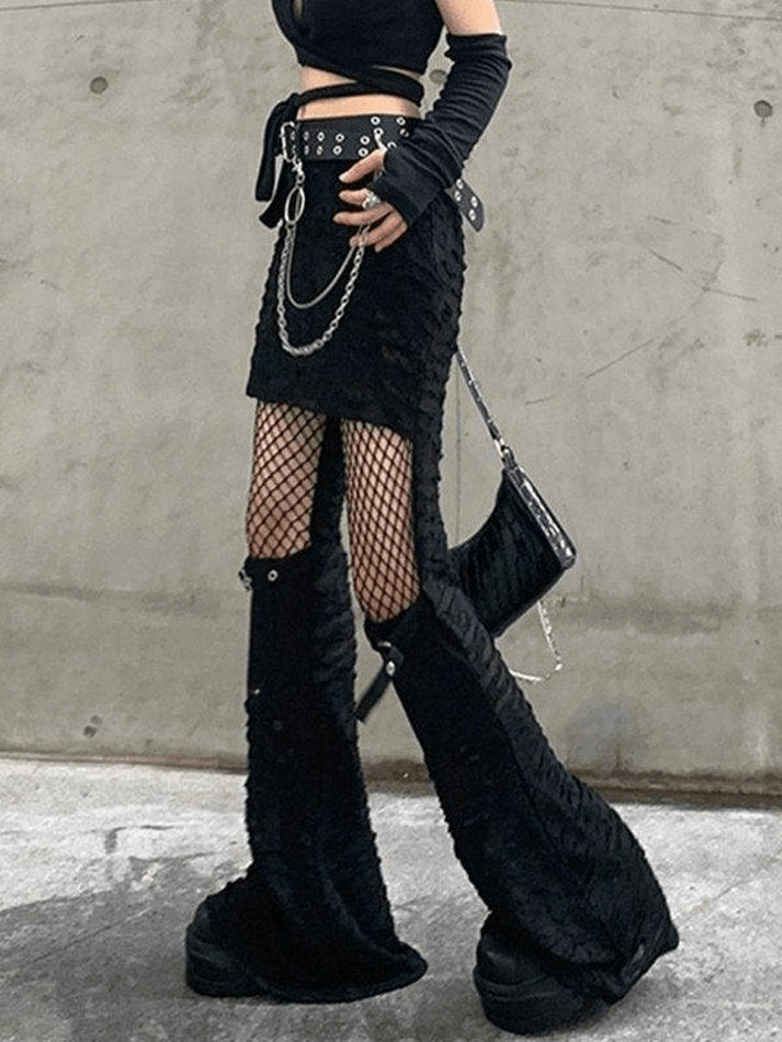 Patchwork Cutout Fishnet Flare Leg Pants - MomyMall