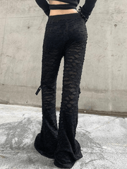 Patchwork Cutout Fishnet Flare Leg Pants - MomyMall