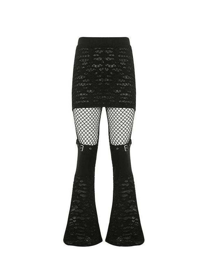 Patchwork Cutout Fishnet Flare Leg Pants - MomyMall