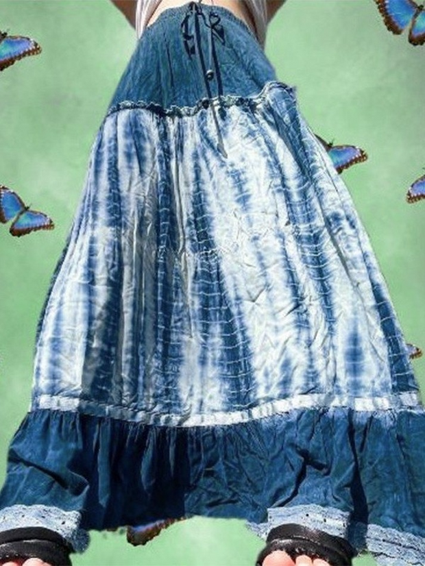 Patchwork Lace Trim Tie Dye Midi Skirt