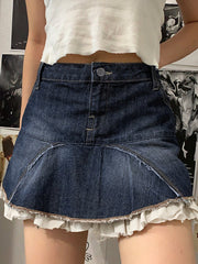 Patchwork Ruffle Denim Mini Skirt - MomyMall