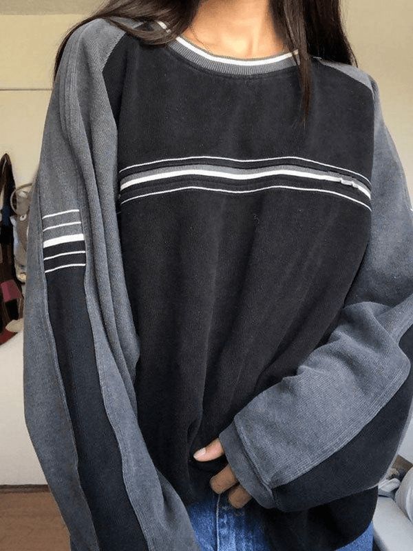 Patchwork Striped Crew Sweatshirt - MomyMall Black / S