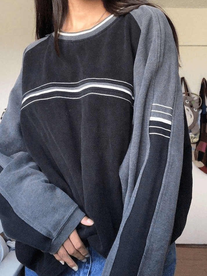 Patchwork Striped Crew Sweatshirt - MomyMall