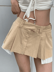 Patchwork Striped Pleated Mini Skirt - MomyMall Khaki / S