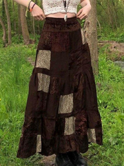 Patchwork Velvet Printed Midi Skirt - MomyMall Brown / S