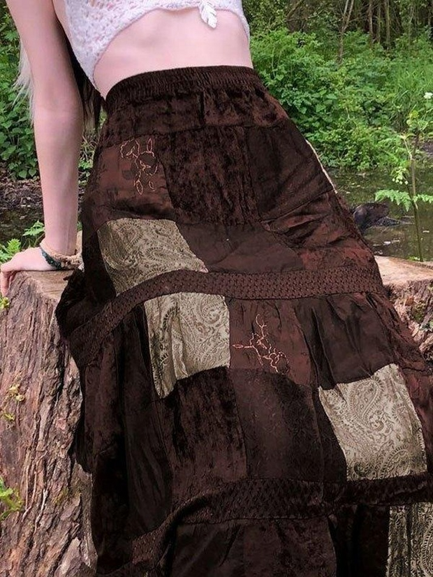 Patchwork Velvet Printed Midi Skirt - MomyMall
