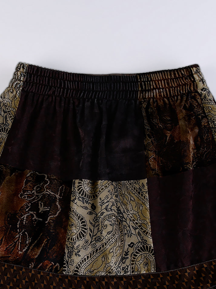 Patchwork Velvet Printed Midi Skirt - MomyMall