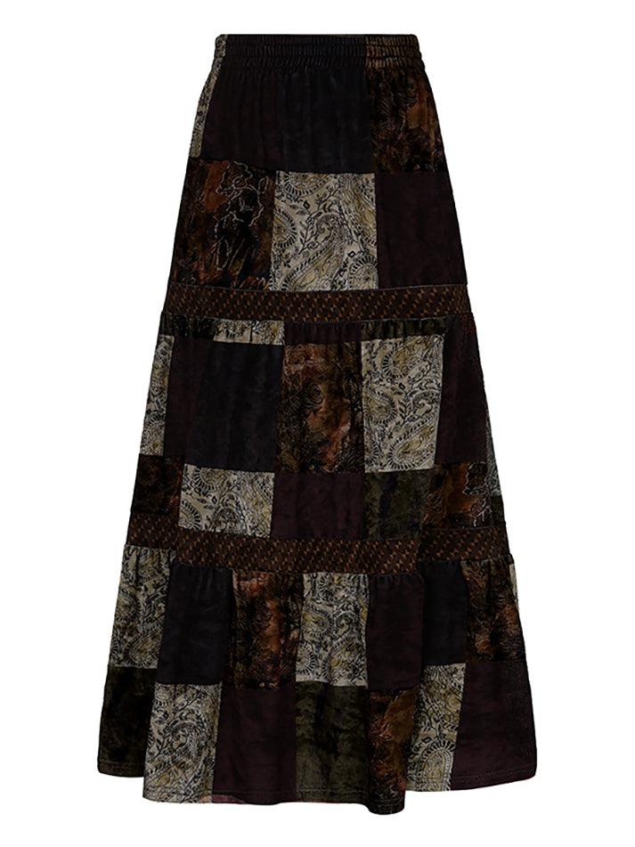 Patchwork Velvet Printed Midi Skirt - MomyMall