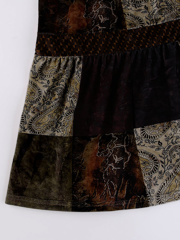Patchwork Velvet Printed Midi Skirt - MomyMall
