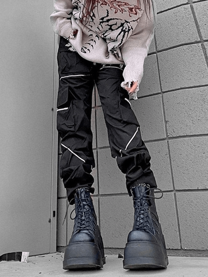 Piping Detail Black Jogger Cargo Pants