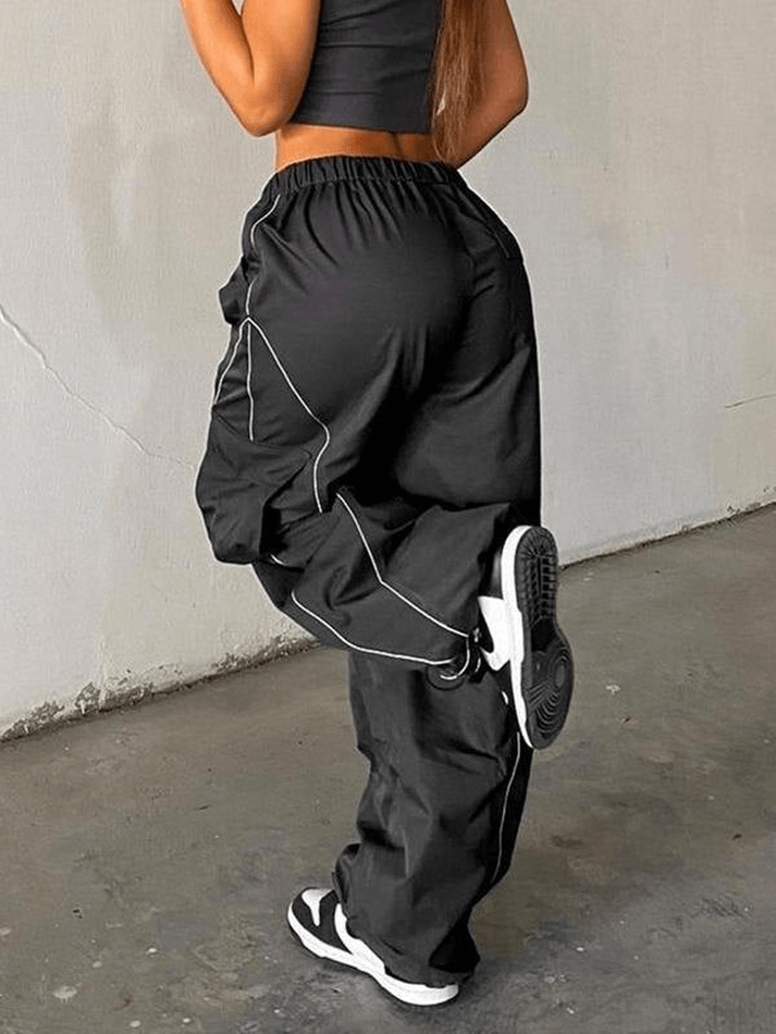 Piping Detail Size Friendly Parachute Cargo Pants - MomyMall